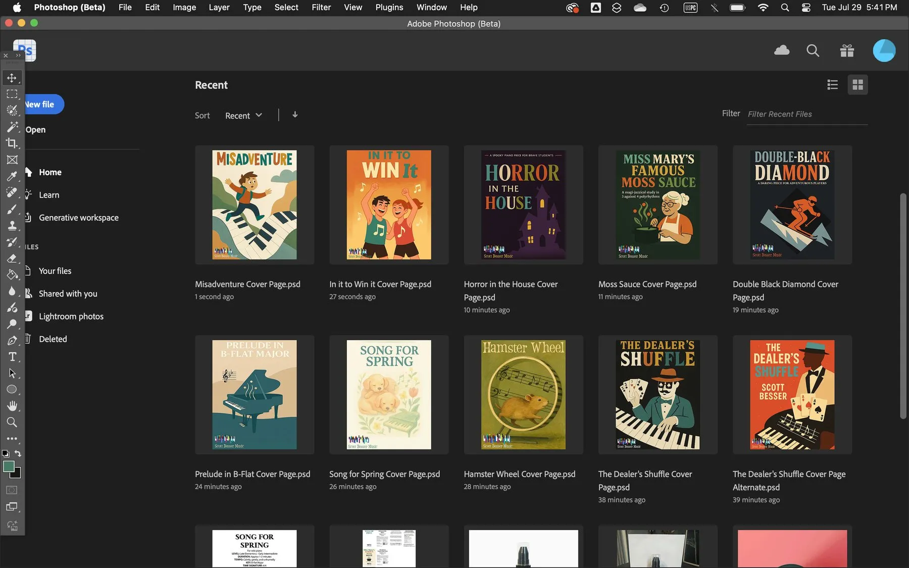 A file browser showing a grid of finished cover designs for Scott Besser's sheet music catalogue.