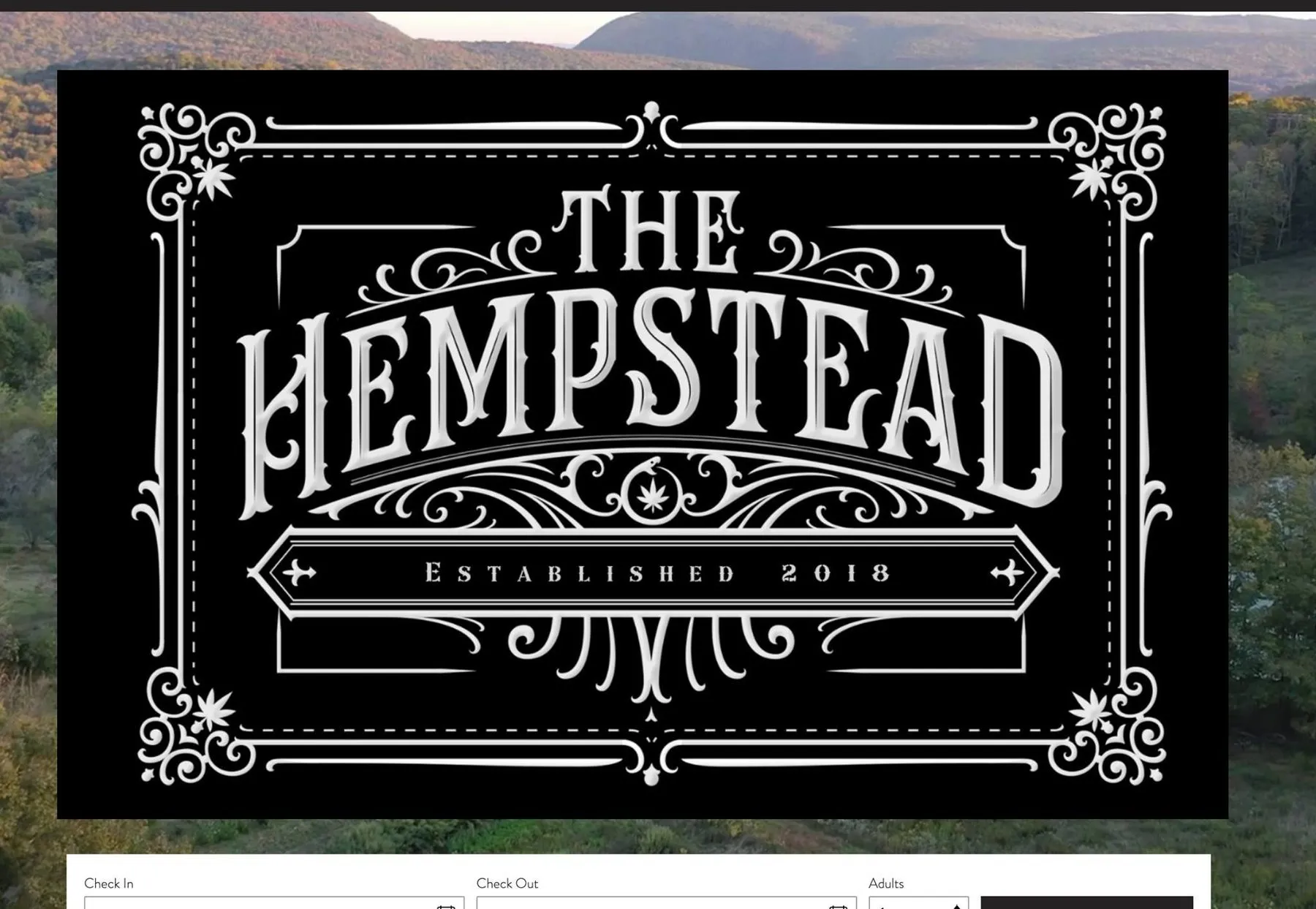 The Hempstead's ornate black and white wordmark, reading "The Hempstead, established 2018", above a booking bar.