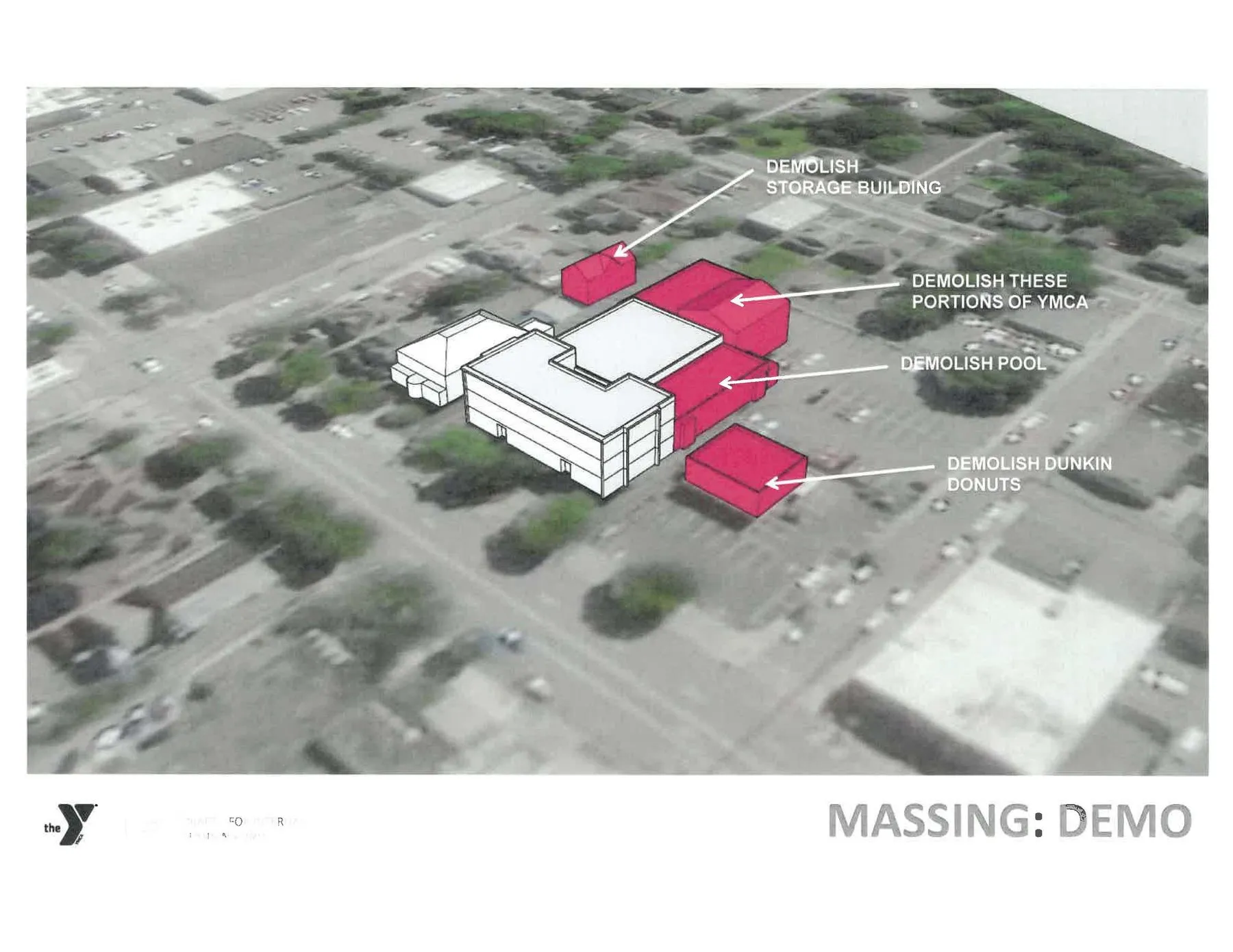 An aerial massing diagram of the YMCA site, with sections of the existing buildings highlighted in red and annotated for demolition.