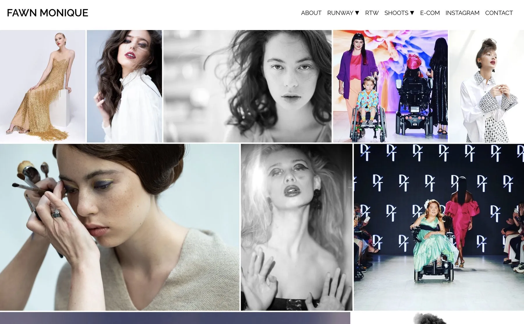 The Fawn Monique portfolio site, showing a grid of beauty and runway photographs.