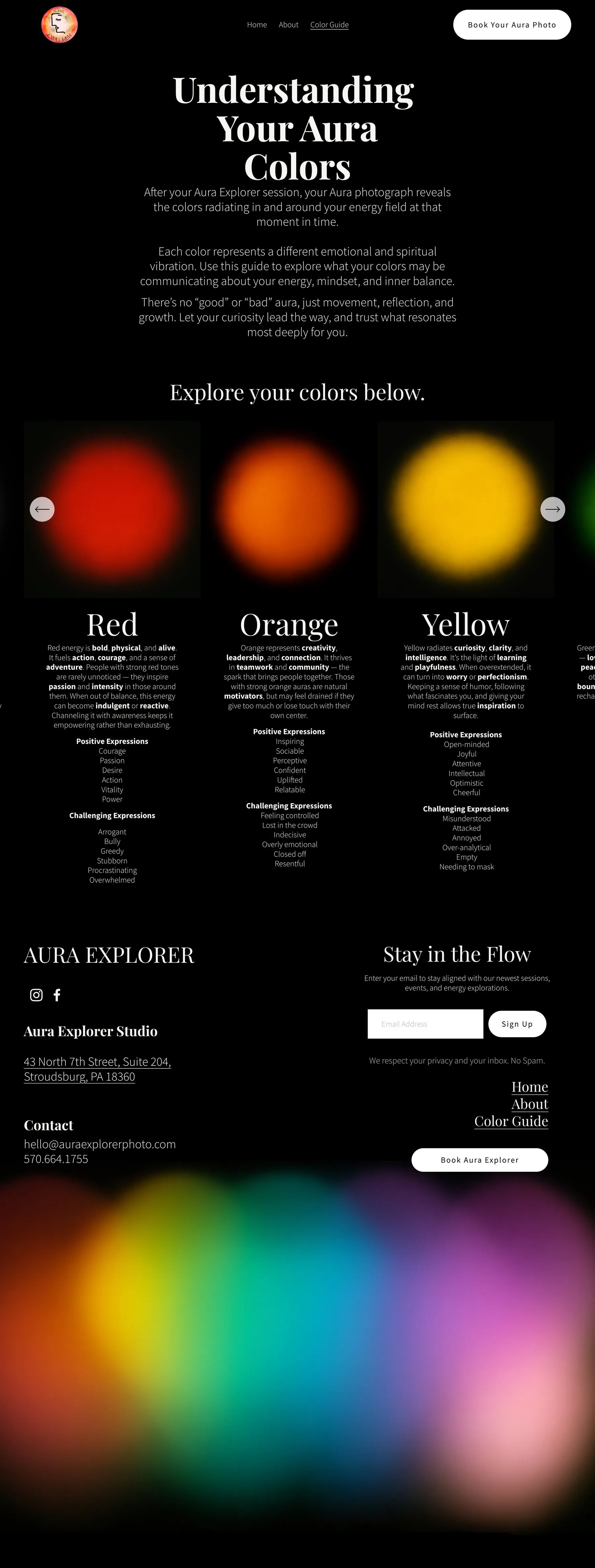 The full Aura Explorer Photography homepage, scrolling through the hero, service tiers, colour guide, and contact sections.