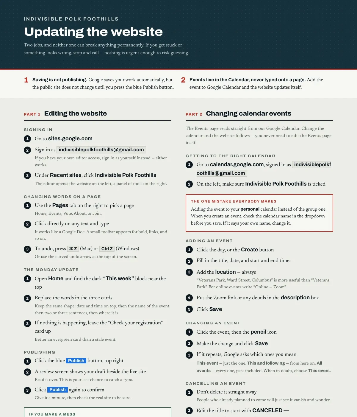 A one-page printed guide headed "Updating the website", split into two columns: editing the website, and changing calendar events, each a numbered sequence.