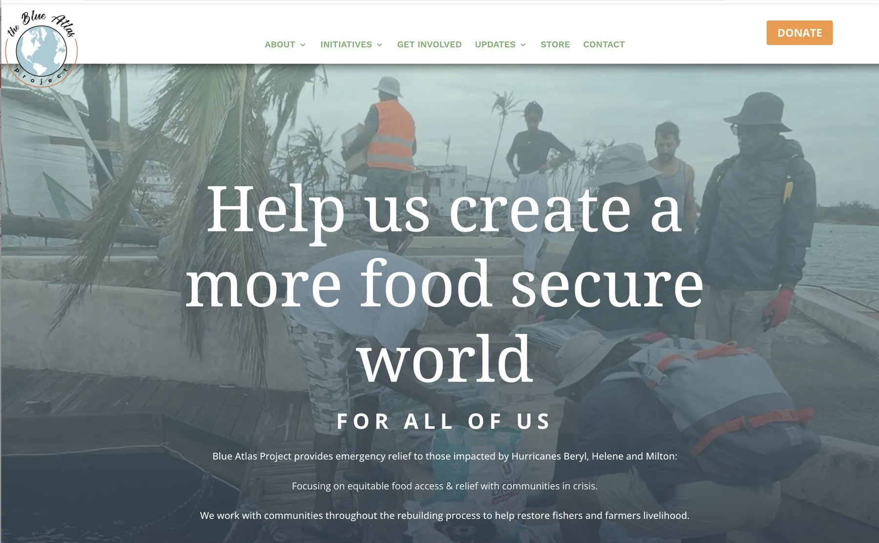 The Blue Atlas Project website, headed "Help us create a more food secure world for all of us" over a photograph of people working from a boat.